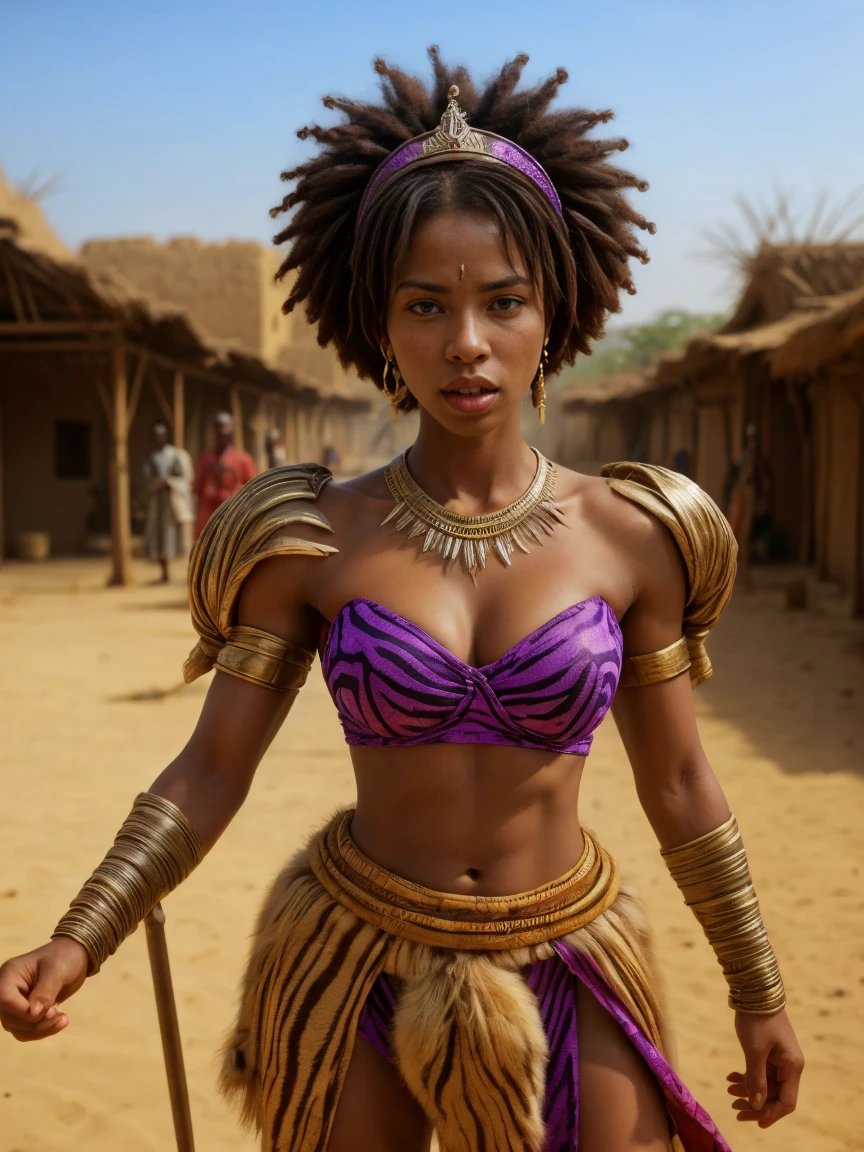 An African kingdom of the 19th century full of African people, African markets, vegetation, African sculptures, beautiful sunrise shining, with beautiful iridescent light, artgerm style, 32k, ultra HD, unreal engine rendered, hyper-realistic image