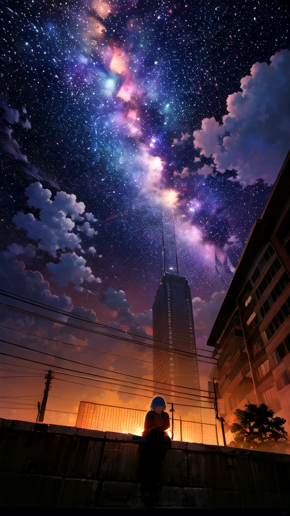 octans, sky, star (sky), scenery, starry sky, night, 1girl, night sky, solo, outdoors, building, cloud, milky way, sitting, tree, long hair, city, silhouette, cityscape