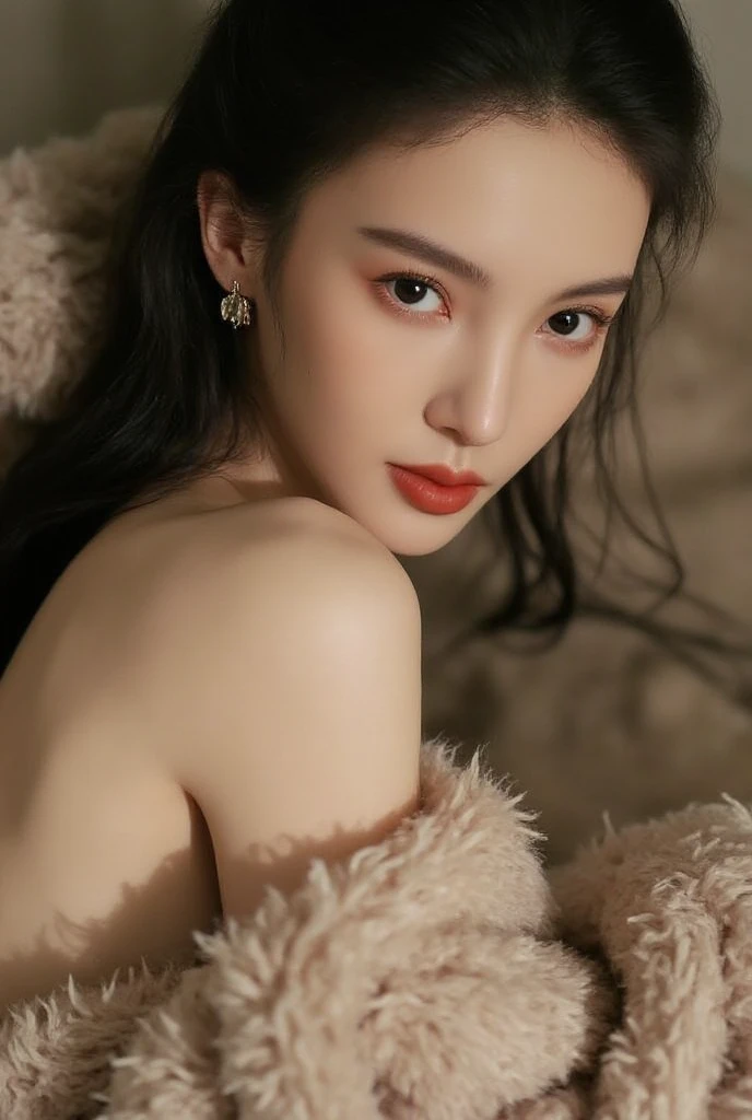 a woman with light eyes with reflection, smoky eyeshadow and brown lipstick, voluminous eyelashes, is lying on a floor full of autumn leaves in the background. Giant straight black hair with golden highlights and flowing , is wearing a black fur coat and a white high-neck blouse ,holding a sheet , chic and stylish in the season with lots of falling leaves, pearl jewelry with tattoos