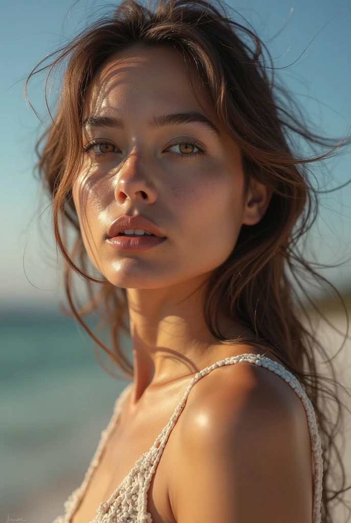 portrait photo ultra réaliste d'une femme brune sur la plage, européenne, yeux bleus clairs, sans maquillage, quelques légères taches de rousseurs, minutieux et détaillé, très détailé, 4k, haute résolution, photographie primée