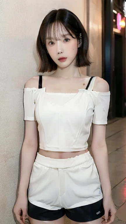 (Ultra-detailed eyes), (((textile shading))), (((Best Quality))), (((masterpiece))), (((Ultra realistic))), fat, sassy girl, street girl, blonde messy hair, Emo Pin up Girl, silver hair clips, furry jewel scrunchie, chain earrings, chain jewel belt, chain necklace, mini skirt, pink top, leg warmers, arm warmers, black and pink outfit colors, Striking a pose, natural make up, skinny fat innocent, in a haunted rail station, heavenly, midshot, centered image, good girl, innocent girl, front look