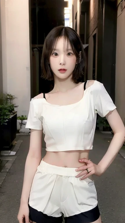 masterpiece, best quality, solo, 1girl, luminous skin, hoop earrings, glamorous, whimsical details, slicked hair, mesmerizing, bare shoulder, crop top, long pants, shallow depth of field, contrapposto, professional model, face front, portrait