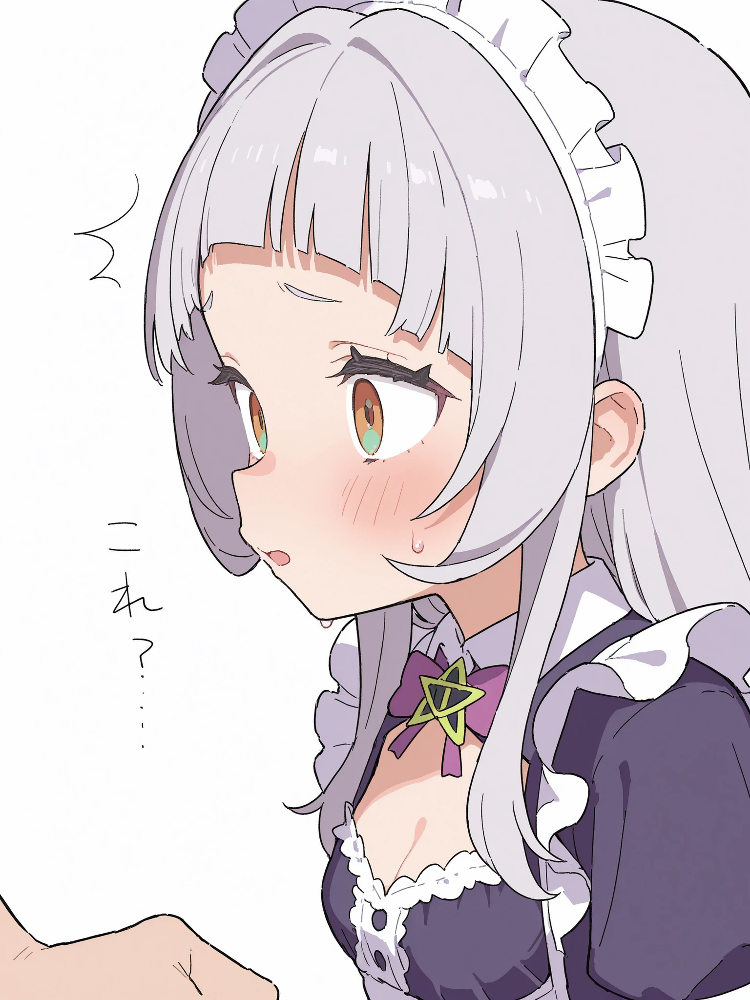 depict an anime girl wearing a short green dress with white hair with green eyes sitting on a bed, was yawning and raising his hands, blinked one eye