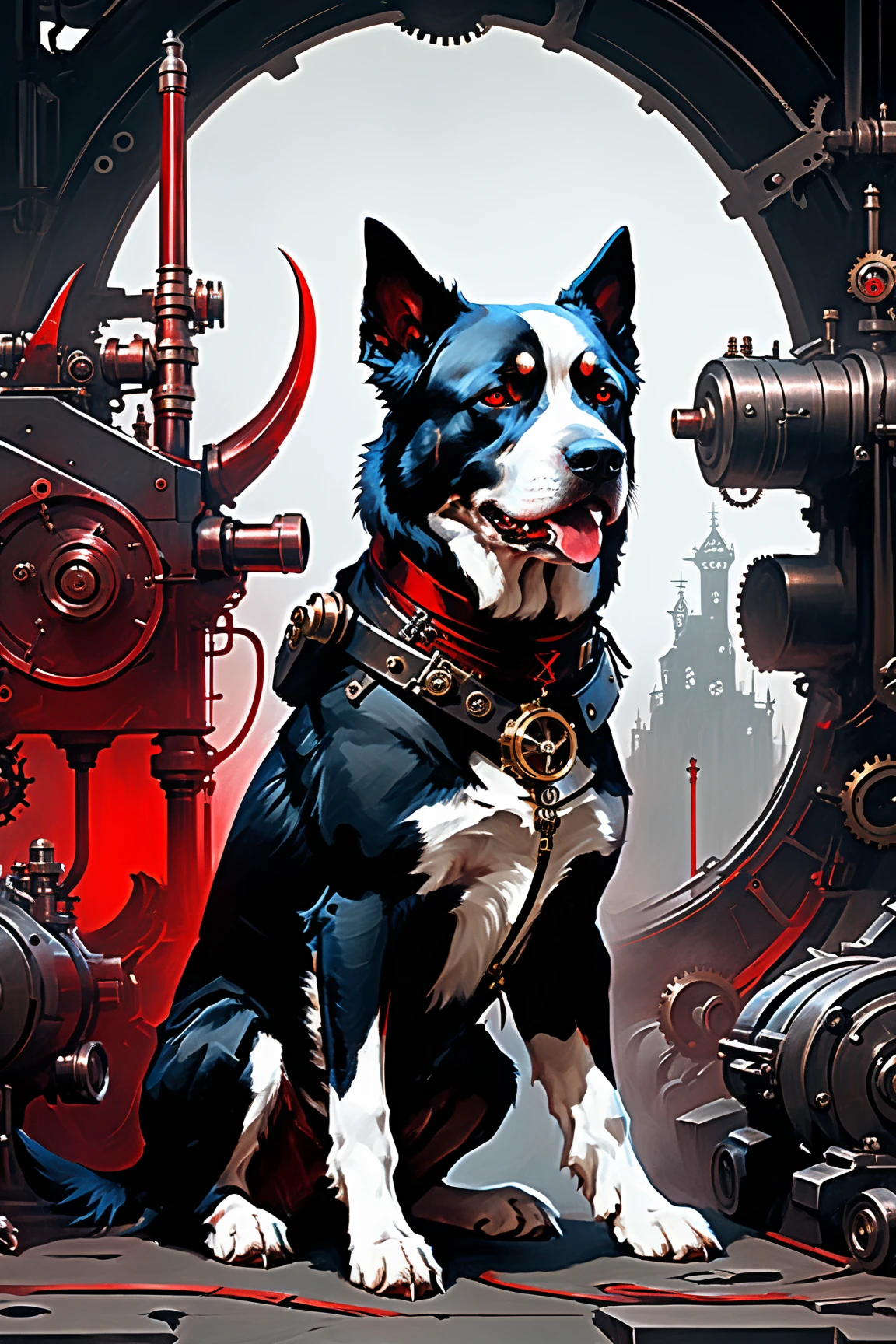 Giant demonic dog, sinister pose, dope, black and white and red colors, Steampunk Sniper, Fantasy, james jean syle, inspired by Marek Okon
