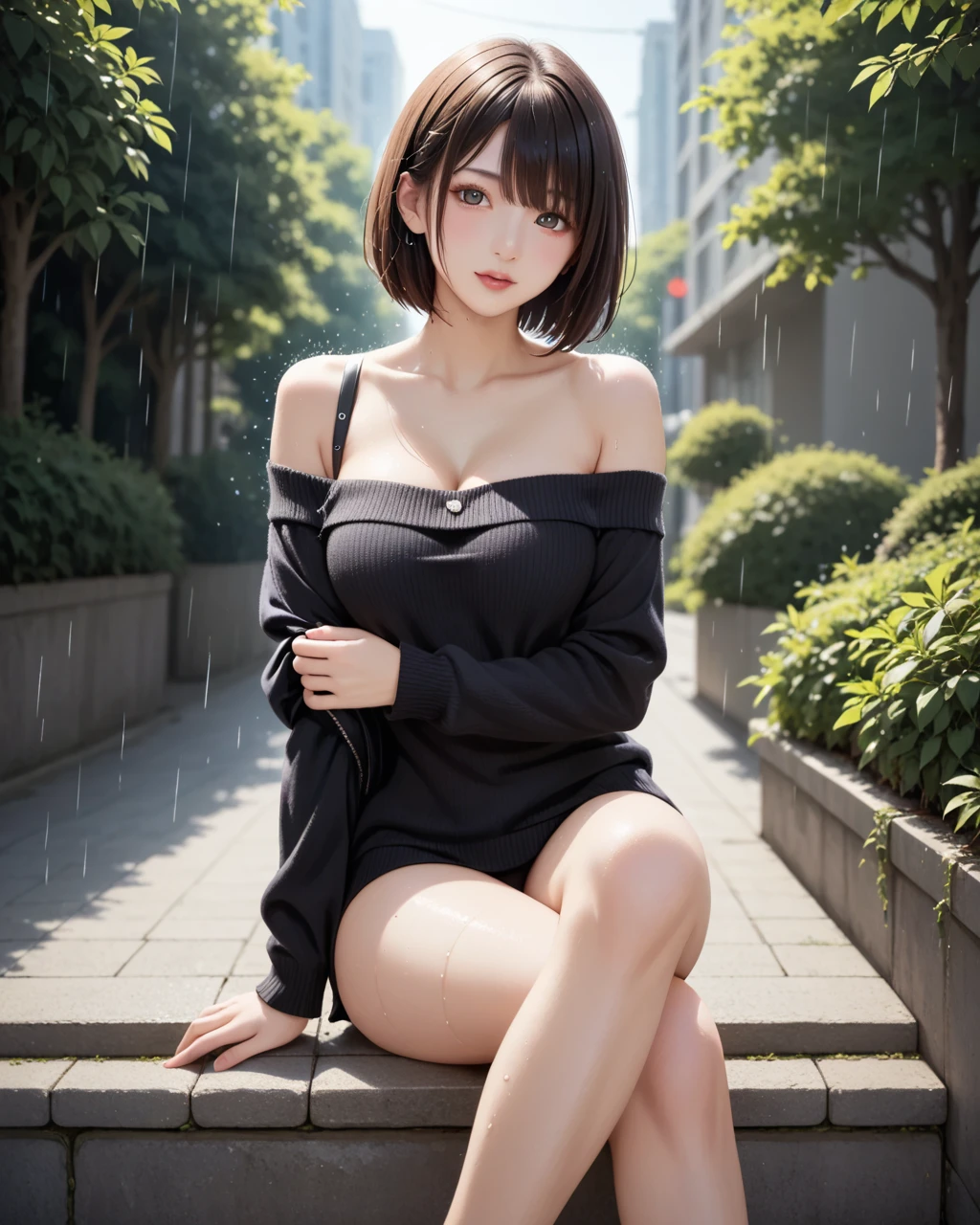 （High-end knee-high heel boots:1.1、Show off your heels by lining up the toes:1.3)、(Micro Mini Skirt:1.3）、Pull-zip hoodie、belly button、Cleavage、stockings、1 1 female、Short Bob Hair、Medium breast、A shy smile、slender toned body、Toned Legs、masterpiece:1.3、Raw photo quality、Highest quality、Detailed Images、Detailed Background、Sitting on the pier at night、White panties、((From the side、View from below:1.1))、