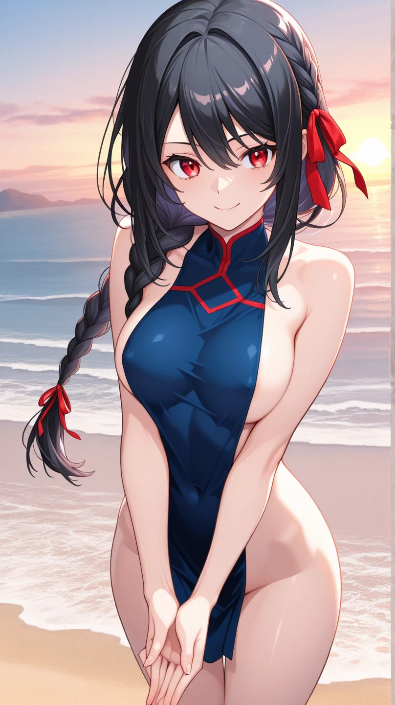 anime artwork, score_9, score_8_up, score_7_up, score_6_up, score_5_up, score_4_up,sparkle \(honkai: star rail\),1girl, twintails, black hair, medium breasts, red eyes, red eyeshadow, fox mask , , , , , she is 24 years old, , ,horny, , , , style_3, ,,, floox style, . one-piece swimsuit. from below, cameltoe, from behind, , looking at viewer, grin, sky, clouds, sun, ass, . parkle is a young woman who has black hair that is tied into two high pigtails with a red tie. Her hair reaches her hips and has pink tips, fringe middle bangs, and two locks in front, with the left lock reaching her collarbone and the right lock reaches her shoulder. She has fluorescent pink eyes with tiny black dots under each of her eyes. Additionally, a white-and-red Kitsune mask is at an angle on the top of her head