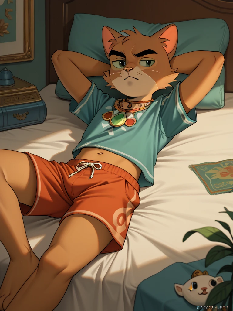 Illustration, detailed illustration, 1boy, femboy, catboy, orange fur, black stripes, sexy, lazy smile, laying down on couch, lasagna on table