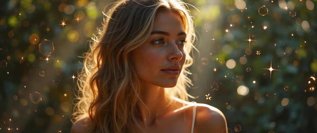 Create an inspiring image that conveys confidence and self-awareness. The image should include a smiling and confident woman in a natural setting, such as a field or garden, at sunrise or sunset. Her expression should convey confidence and serenity.
Incorporate a Star of David discreetly positioned in a corner of the image or subtly into the background. Add elements of soft golden lights radiating around the woman to create an effect of illumination and mysticism.
Include a numerological diagram in a lateral area or subtly within the image to suggest the in-depth and analytical content of the numerological map. Add a catchy phrase at the top or bottom of the image: "Discover Your True Purpose", using an elegant and legible font with colors that harmonize with the rest of the image (gold and soft blue).
Use soft and comforting tones, with a mystical and attractive touch, blending natural light and graphic elements to create a harmonious look.