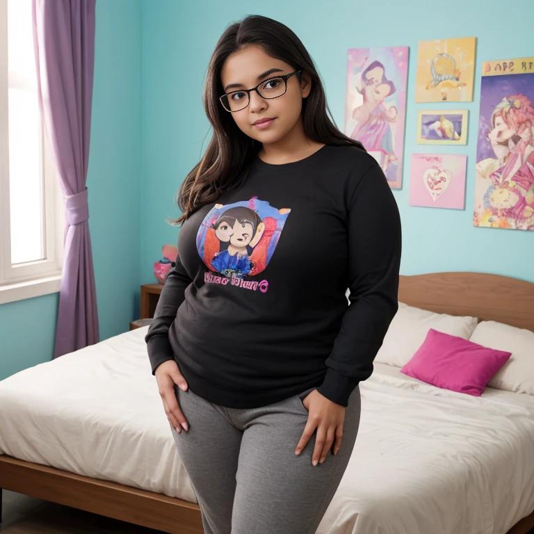 Award - winning photograph, Masterpiece, 8k, ultra high res, hyper detailed, (super sexy slutty latin mom standing beside a young boy in a bedroom, she wears short disney princess cute cartoon shirt, high socks, seductive face, stars, rainbow, flowers, heart eyes emoji, whore, slut, lingerie, big tits