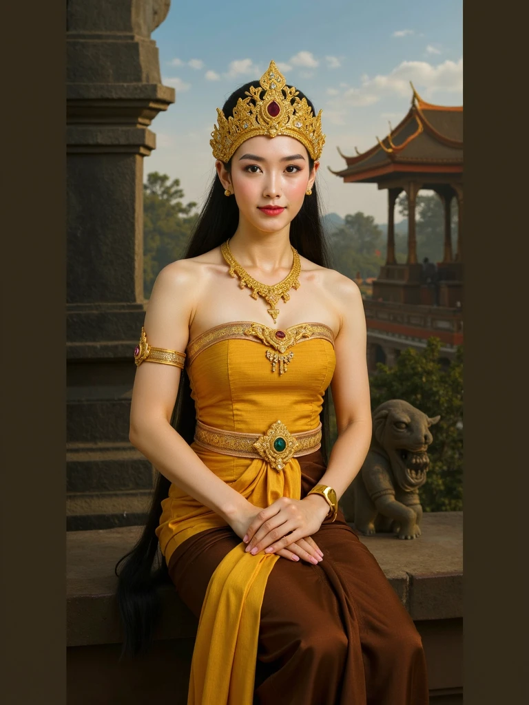 In Elysium，Beautiful 16-year-old princess sitting on a large lotus flower，Wearing a delicate gold crown，Full face，Rounded jaw，long eyebrow，largeeyes，The corners of the mouth are slightly upturned，Look at the camera with a gentle expression，A very happy face，Lotus in hand，Barefoot on both feet，Hair hanging down the shoulders，long hair flowing，The shoulder arms have streamers draped over them，choker necklace，Nobile，Yingluo，chest jewel，Armour，jewelery，Pedras preciosas，Gorgeous and noble costumes，Wear a shoulder strap over the shoulder slanted，The sky behind the character has a transparent aperture，Background of clear sky，ornate backdrop，Wonderland-like Elysium，Jewelry decorates the space，The gold plate was filled with crystal balls，Clean and ethereal picture，Pure and stain-free，Light，Clean，stately，opulent，Pure Land，8k 壁纸，Amazing Cleavage，tmasterpiece,Goddess of wealth,Venerable goddess,Beautiful dream world，Magical fantasy，