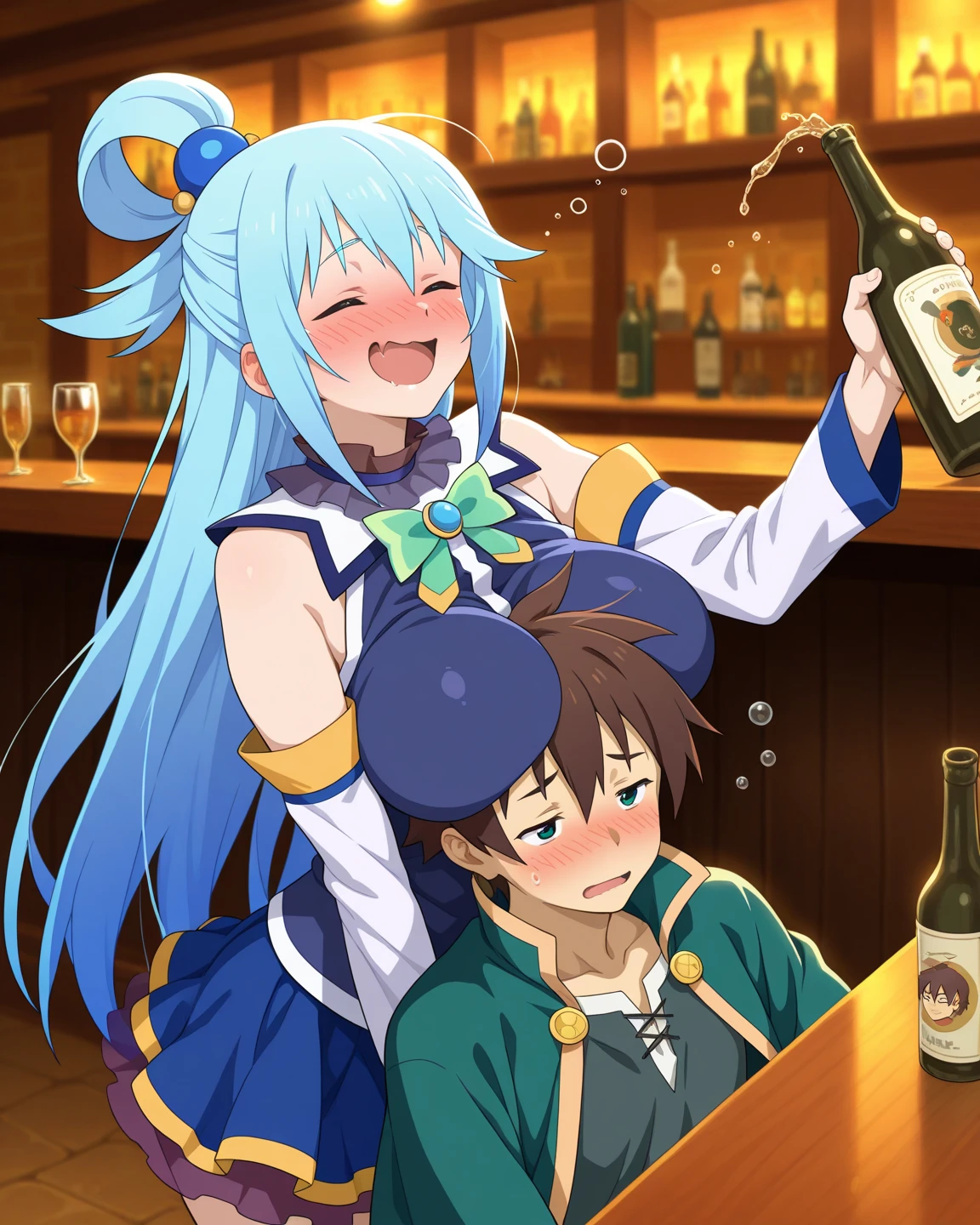 score_9, score_8_up, score_7_up, score_6_up, source anime, BREAK <lora:konosuba_multiple_merge:1> 1girl, 1boy, indoors, mansion,
1girl, 1boy, satou kazuma, brown hair, green capelet, green eyes,
1girl, 1boy, auqapnxl, aqua \(konosuba\), smile, drunk, alcohol, blue hair,