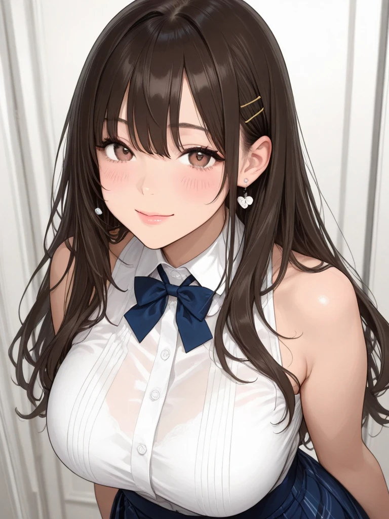 <lora:tsukioka kogane:1>, tsukioka kogane, 1girl, skirt, breasts, brown hair, solo, large breasts, long hair, smile, blue skirt, shirt, open mouth, blush, looking at viewer, bracelet, see-through, white background, jewelry, simple background, bra visible through clothes, bangs, tied shirt, brown eyes, ponytail, bow, hair bow, underwear, blue bow, collarbone, thighs, white shirt, bra, :d, sleeveless
