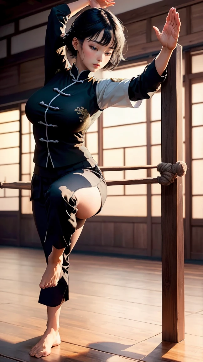 (8K、Original Photography、In terms of quality、、、、、、masterpiece:1.2)、(Realist、Realistic:1.37)、(1girl them), Japanese karate girl、18 years、White exquisite karate uniform、struggle, ((Autumn pose:1.5)), ((spin kick:1.2)), High Shot, Training room in the dark、serious、Daunting、dignified atmosphere、Slightly stiff figure、barefoot, No, (Big Ass), Thick lower body、(Skinny karate pants:1.2), (camel), ((Skin Dentures)), Dynamic Angle, (Karate uniform with open chest:1.5), Deep V neckline, Detailed face, Detailed foot, Detailed arms, Detailed hands, Sexy, Good shape