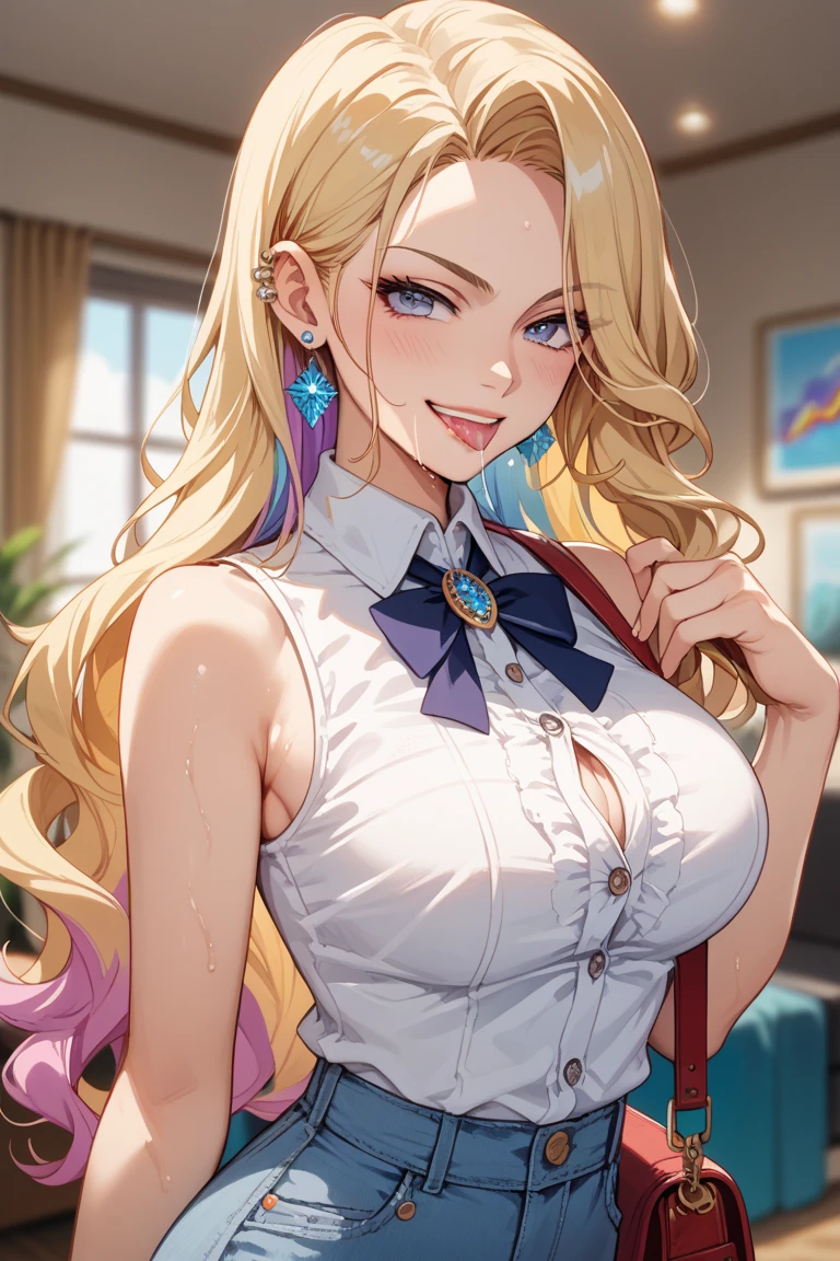 masterpiece, best quality, pkmnJenny, blue hat, police uniform, blue shirt, short sleeves, belt, pencil skirt, white gloves, cowboy shot, looking at viewer, smile, cityscape, blue sky, mature woman, large breasts