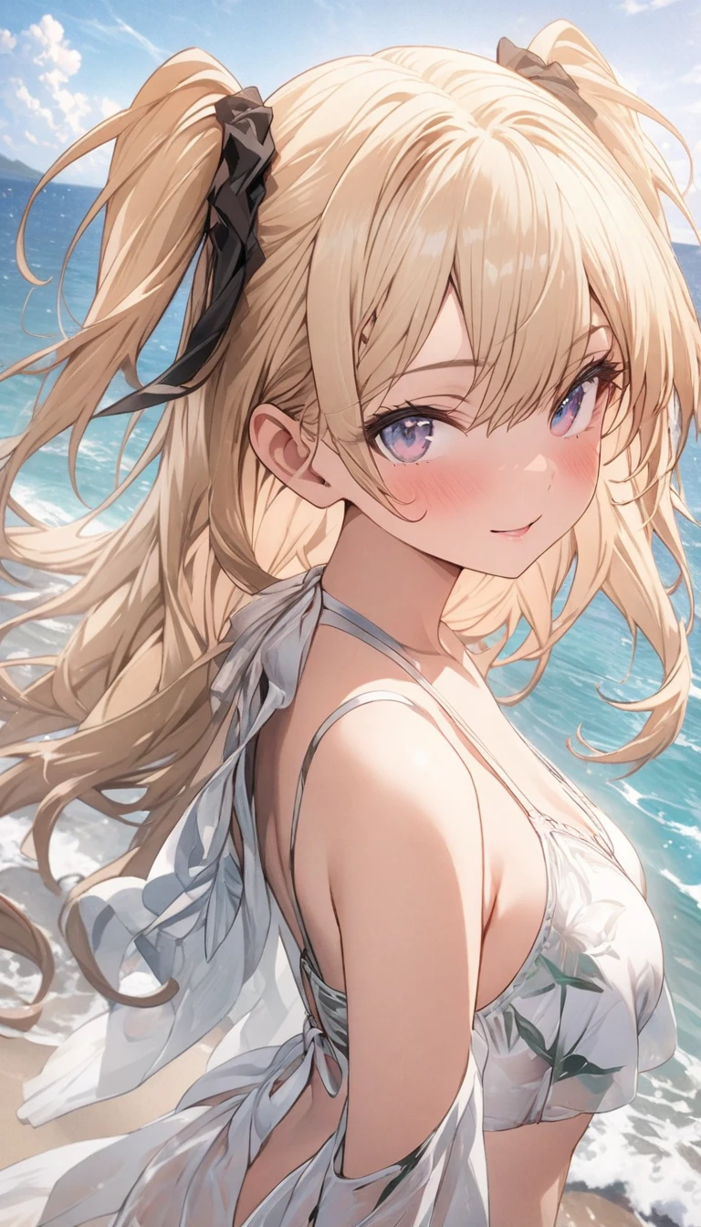High resolution, A face with attention to detail, ((One Girl))、((cute))、Big smile、Blushing、Open your mouth、Blonde、ponytail、Ultra detailed face、Very fine eye、Ultra detailed hair、White Bikini、Beautiful beaches、Palm tree、Bright sunlight、Beautiful blue sky, Movie angle, Professional Lighting, Highest quality, masterpiece, sharp, Perfect focus, Bokeh, photoRealistic, (Beautiful, detailed eyes: 1.3), Realistic, (3D Face:1.1), (Shiny skin:1.5), (超High resolution intricate face details), (Facial skin pores:1.3), 超High resolution cloth texture, 8k eye detail, Huge breasts