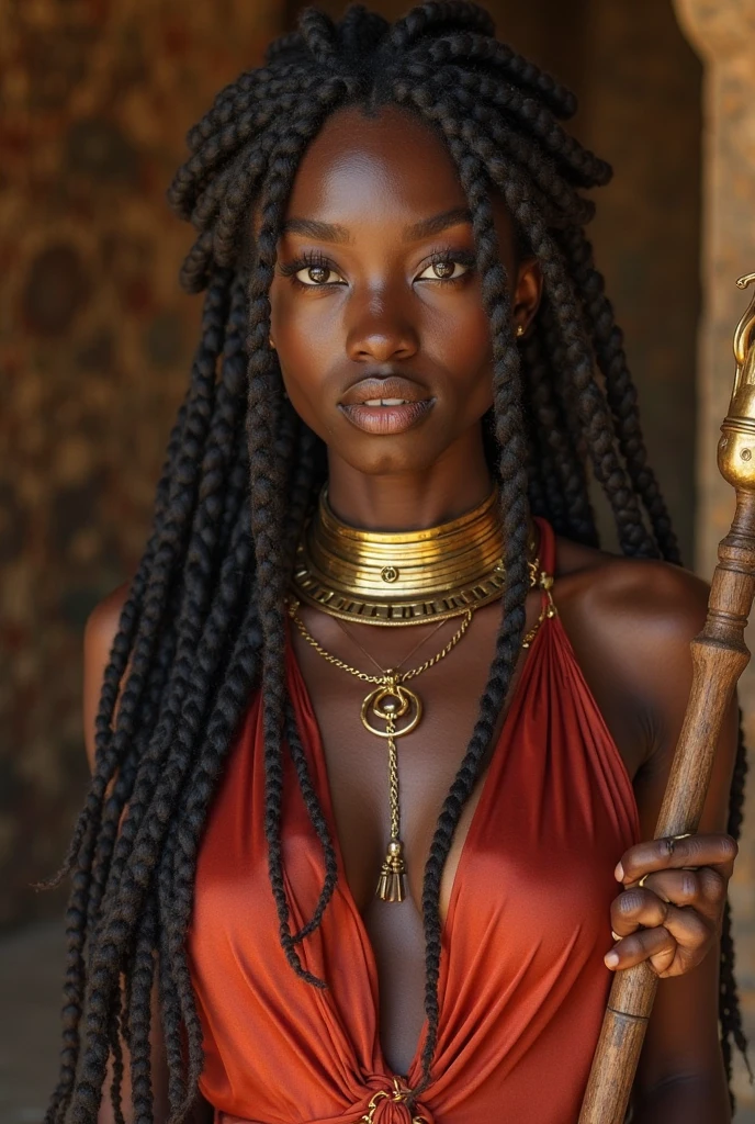 modelshoot style, (extremely detailed 8k wallpaper, Ultrarealistic:1.3), 1girl, a medium shot photo of a (beautiful 20 years old female warrior of Equatorial Guinean origin with a (extremely detailed very long hair with an intricate hairstyle:1.3)), Intricate, High Detail, dramatic, photo realistic, HDR, UHD, photography, subsurface scattering, (depth of field:0.3), (full body shot:1.3), full-length portrait, fantasy setting, village background
