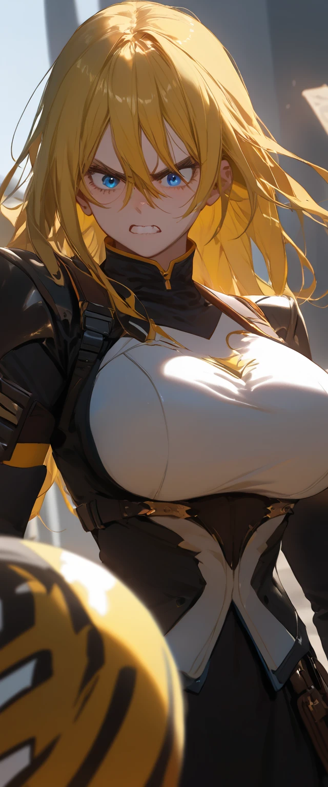 ((Masterpiece, Best Quality, detail face, detail eyes)), ((anime style))illustration, ultra-detailed 8K, realistic, clear focus, highly detailed, professional lighting, colorful details, rainbow colors BREAK factory super long shot, microchip, computer, luminescence, intricate details, shitu-mecha, ((1mature female)), 4 head body proportions in front of the audience, navel, toxic yellow hair, yellow eyes, toxic yellow and toxic green armour, ponytail, ((chubby)), ((massive boobs)), big belly, (massive ass)