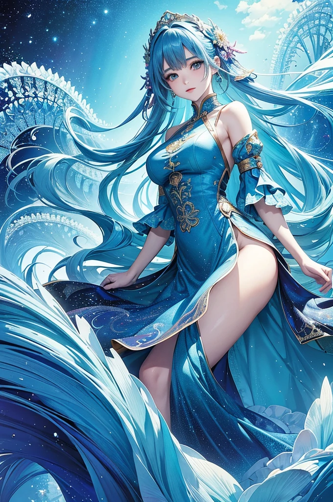 (Best quality, tmasterpiece), 1 busty girl, looking-down, ventania, Particle,  Background with, Dark mood, upper part of body,