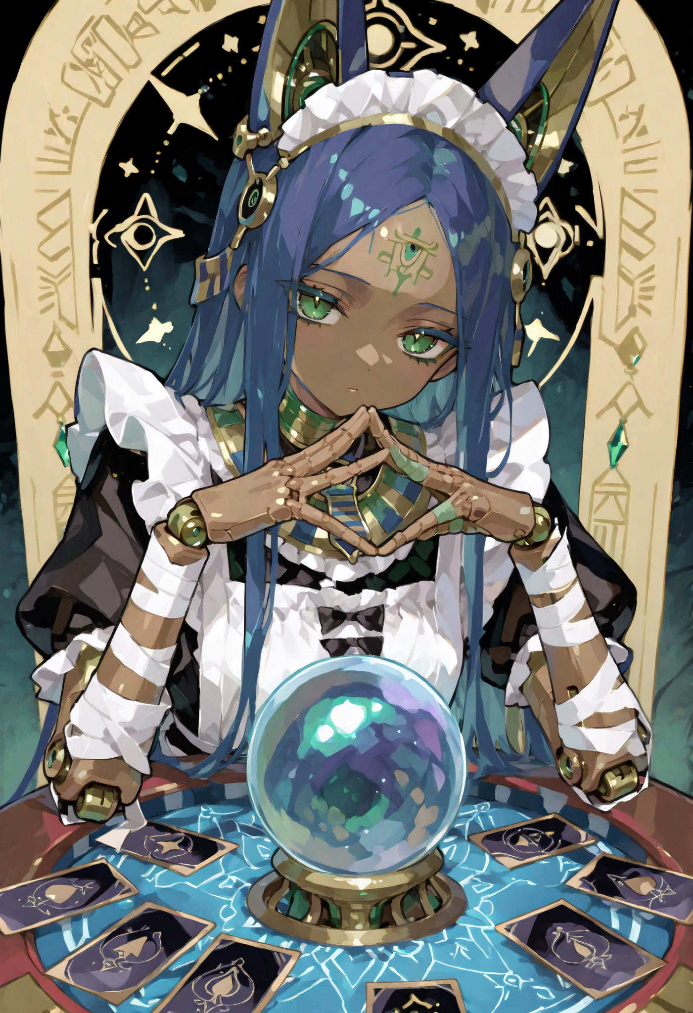 Maid Outfit。long blue hair。Forehead。green eyes。Mechanical joints。Please bring the machine body 。Egyptian Style。ear headdress。Brown skin。Bandaged。Fortune telling。 crystal ball。round cloth table。front。Expand your tarot cards。 hands。upper body。Mysterious