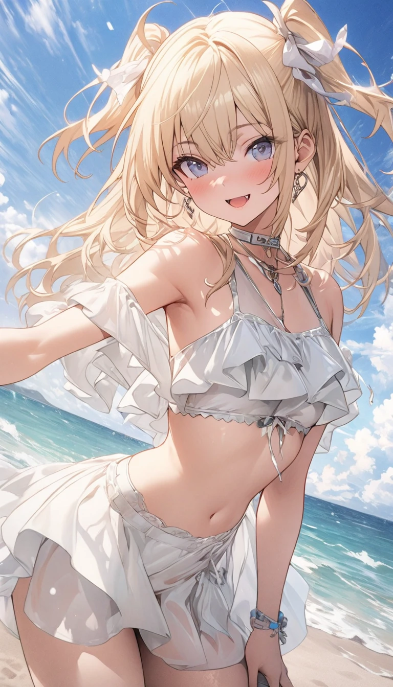 Masterpiece ,best quality , high resolution , (1 girl solo:1.38) , (mavis , long hair, blonde hair, (green eyes:1.5), ahoge, wavy hair) , (cleavage:1.2) , (medium breast:1.28) , (wear , bikini , strong wind , big wing , head tilt ) , (cleavage:1.15) , (big breast:1.1) , (face view , back view , looking back , from behind , look at view , smile , open mouth) , (standing) , (outdoor , in water , droplet , in sea , ocean , beach)
