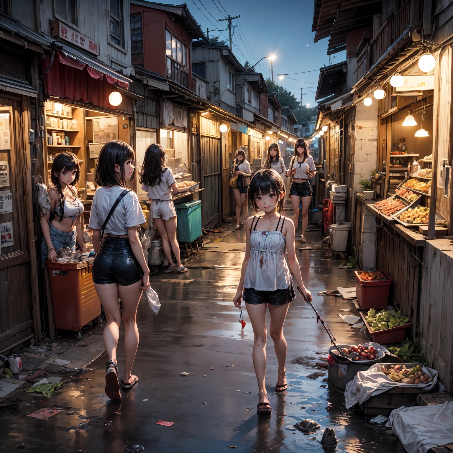 ((masterpiece、Highest quality))、Beautiful girls gather.、Three girls in summer clothes、((Showa Retro:1.2、Hot Spring Town、Indoor hot spring facilities))、(Detailed and cute face:1.3、Tank top、mini skirt)、(Poor conditions、smile、Japan's poor neighborhoods、Dim and unsanitary、Standing Bar、みんなで楽しくdiet、Crumbling underground shopping mall:1.3)、屋台のdiet店、stage、sewage、Dirty shop、street vendors、Unsanitary and abandoned city、smile、diet、Poor person々