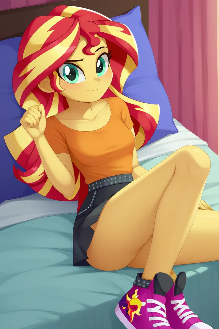 score_9, score_8_up, score_7_up, score_6_up, score_5_up, score_4_up, background sunset apartment, bedroom, sunset shimmer, equestria girls, cute, romantic, bedroom eyes, breasts, bra, female, sexy, bend over, looking back, looking at viewer, beautiful, panties, upskirt, skirt lift, shirt lift, cartoon, vector, show accurate, blushing, male pov, Sunset sticks her ass out, shapely ass, thongs panties, bikini. Male POV has a very huge and big penis, uncut penis, uncircumcised cock, foreskin, erection