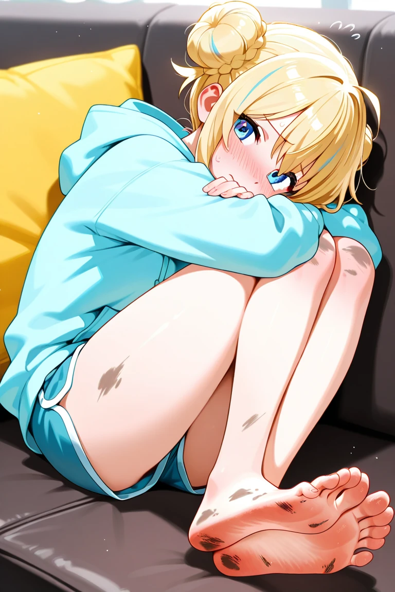 (masterpiece), 1girl, foot focus, full body, living room, bored, pale skin, blonde hair, short hair, blue eyes, sweater, feet up, nsfw,