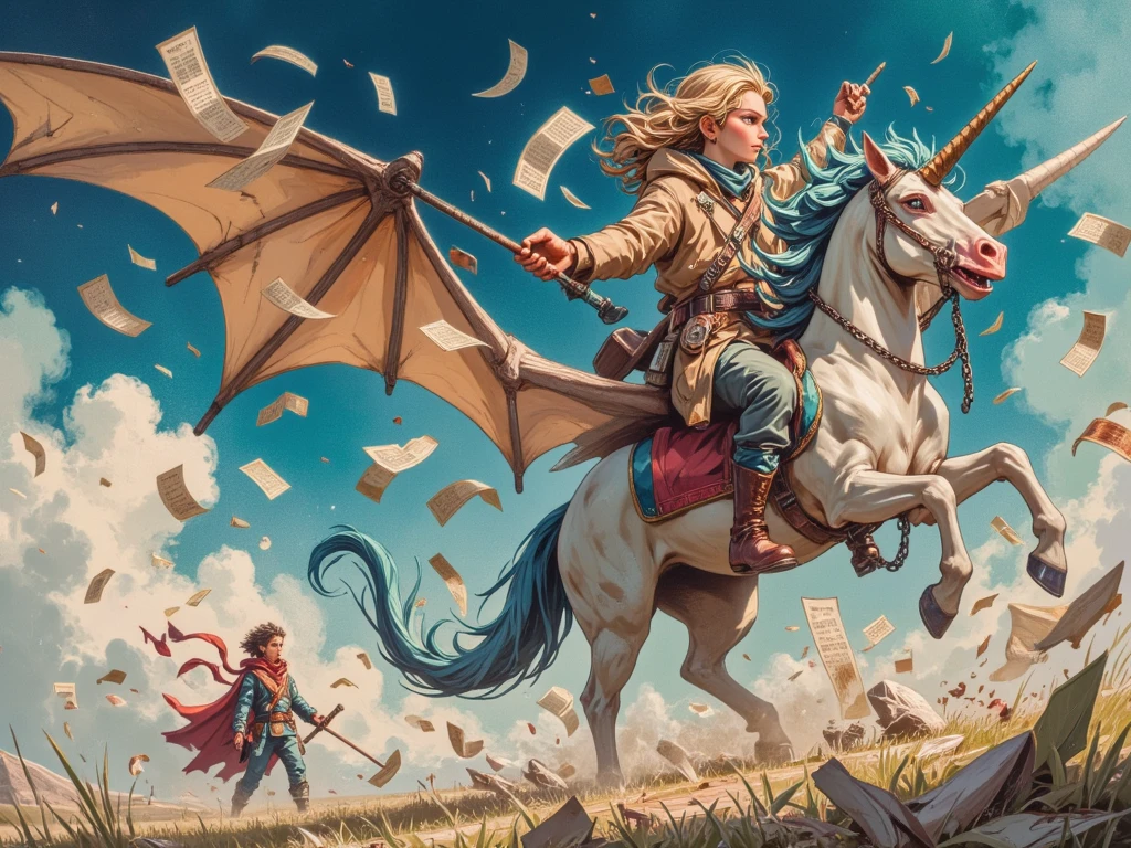 On a battlefield of shattered memories, a lone nightmare catcher battles a dragon-like creature made from stitched-up ren’s drawings. The sky is a swirl of chalk, crayon, and nightmare smoke. The creature's wings are canvas flapping with screams. The catcher rides a spectral unicorn with chains of hope. Each step they take restores fragments of the dream. Magic scrolls spiral around the hunter’s arms. Floating books with bleeding pages surround them. Style: painterly, haunting, whimsical horror.