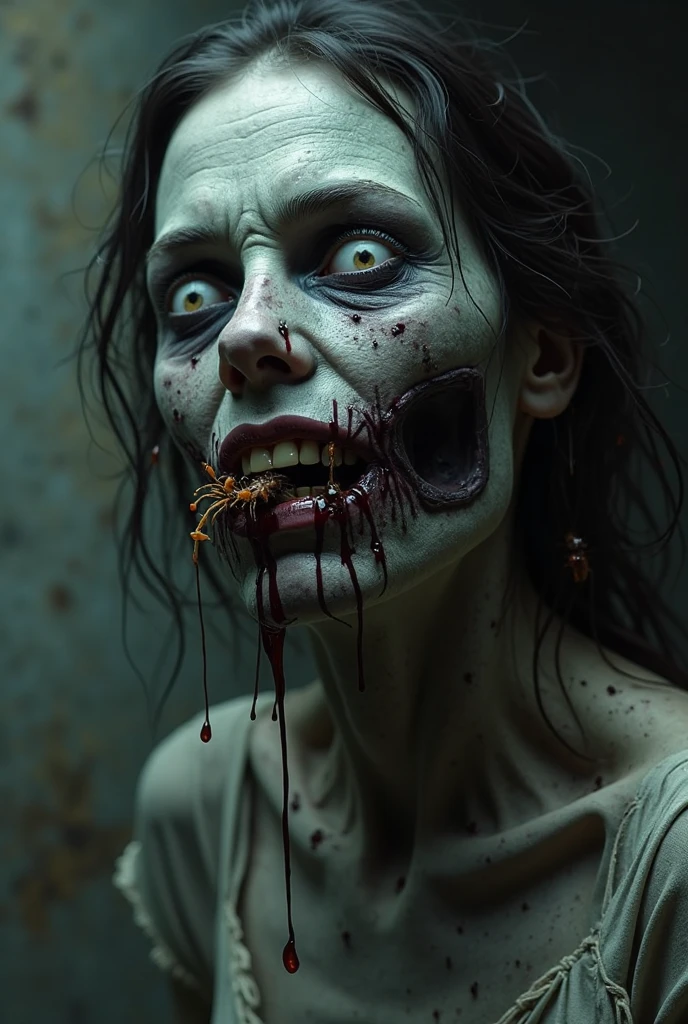 hyper real photo of ((military zombie woman inside a cluttered barn wearing sexy worn-out torn cotton tanktop)), ((detailed realistic face and eyes)), cinematic lighting, 8k resolution, (modelshoot style), sunset, (from_below:1.4), soft small nipples covered by (ripped torn cotton tanktop), natural breasts
