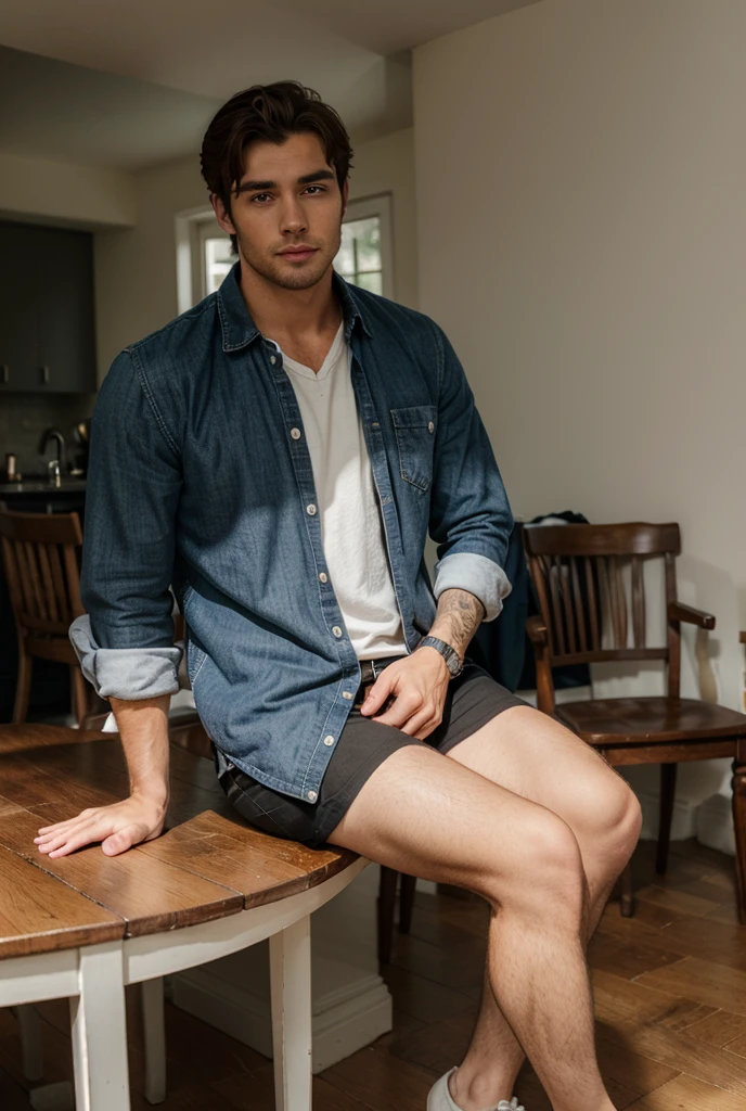 create a boy with curly and light hair, unshaven beard, in black shirt, jeans and boots