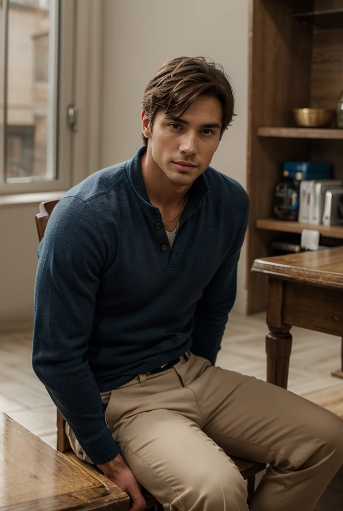 create a high-quality image of men's sweater clothing with a wooden background and having the right lighting