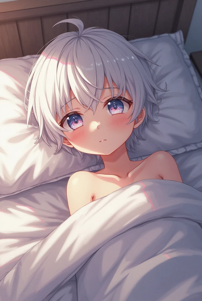 short hair,Short Hair,Straight Hair、Gray Hair、Twinkling eyes、Amber Eyes、Cat ear,Cat tail、White cat,Embarrassing,Lying in bed,,naked,Flat Chest、shine、reflected light、Film Grain、masterpiece、Textured skin、Super Detail、High Detail、high quality、最high quality、High resolution、16K、shine,naked,,,Sweat