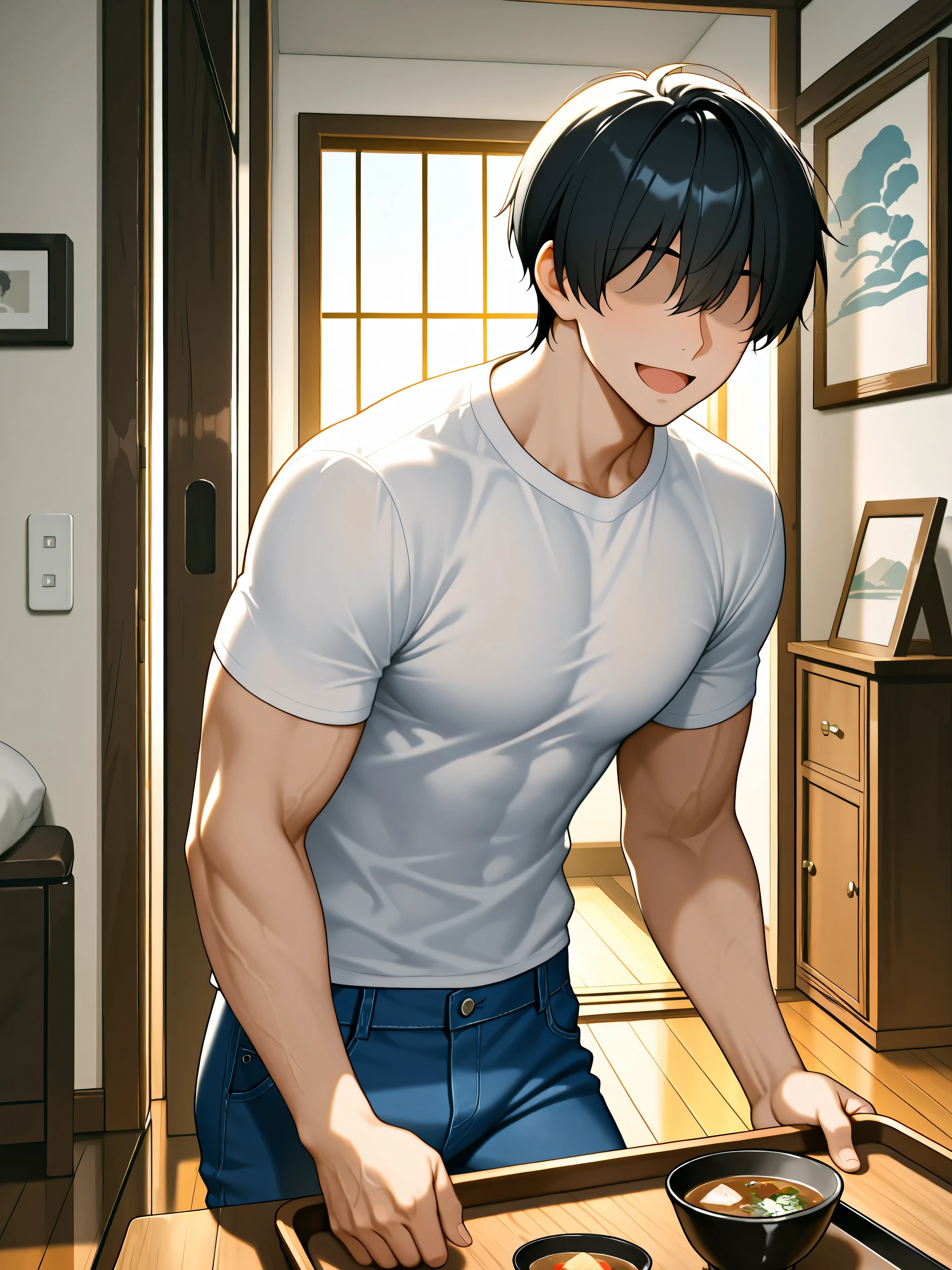 ((masterpiece:1.4, best quality)), ((masterpiece, best quality)),upper body,(solo),(((1man))),bishounen,((faceless)),short hair,black hair,white T-shilt,blue jeans,muscular male,holding miso soup and on the tray,BREAK,(from forward),standing,((bedroom:1.2)),wooden flooring ,white wall,happy smile ,open mouth,morning,in to room