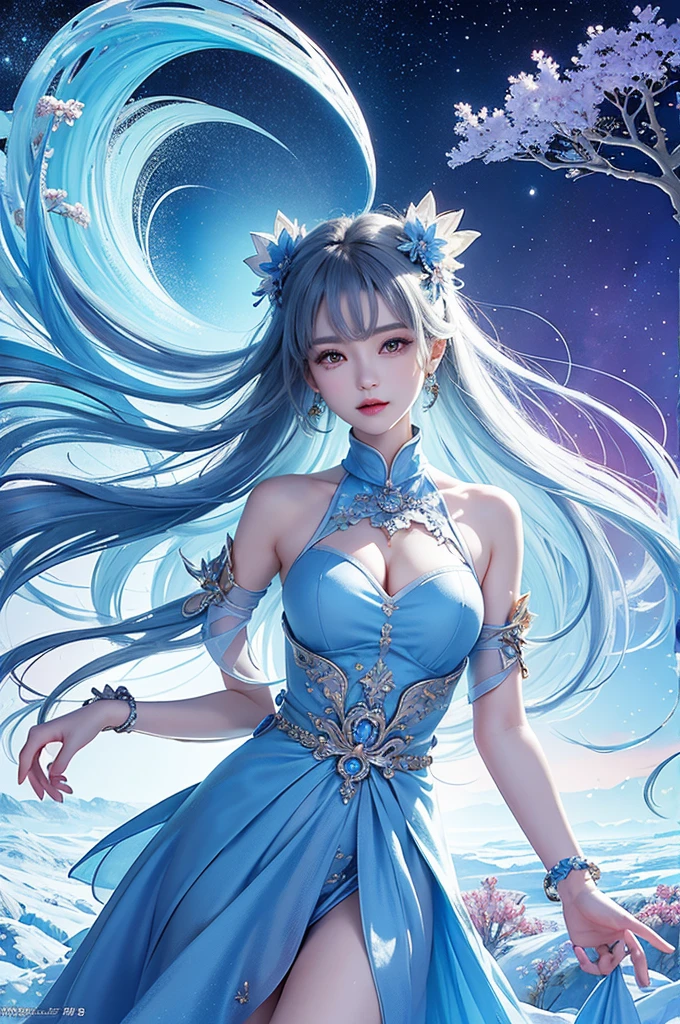 (Upper body photo:1.5)、dutch angle. wood, Exquisite mini ice spikes and crystals, A frozen waterfall in the background, Light reflected by ice crystals, Flowing snowflakes.1 girl、pretty girl,A realistic person,Beautiful cleavage,((small breasts)),Thin legs、Tight waist、standing, Long dress

