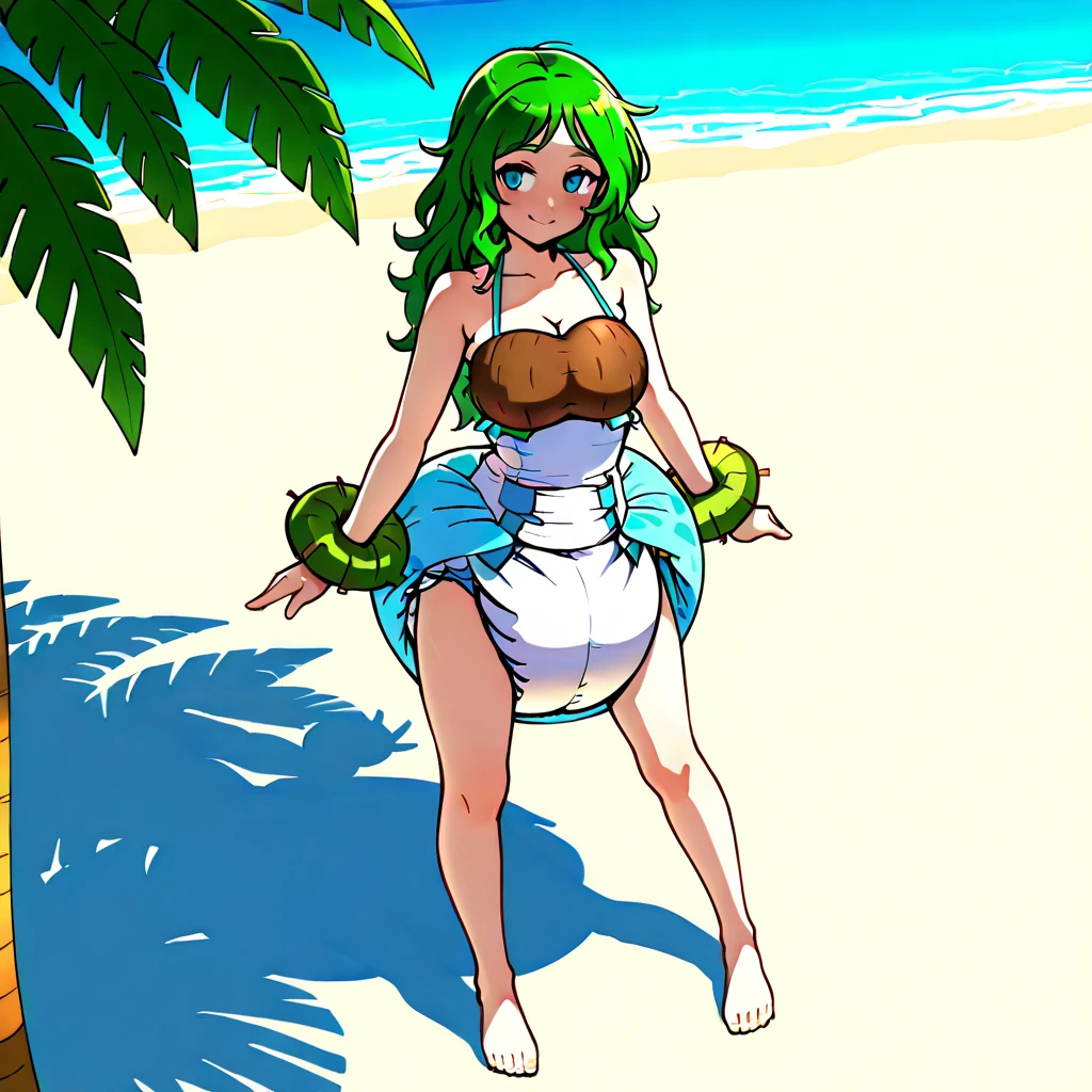 (best quality,4k,8k,highres,masterpiece:1.2),ultra-detailed,(r:1.37), vibrant colors, lum, lighting, beach scenery, bikini model, standing tall and confident, enchanting smile, full body emphasis, alluring curves, prominent and voluptuous breasts, captivating green hair flowing in the wind, thunderous aura surrounding her, sharp and mesmerizing teeth, majestic horns protruding from her head.