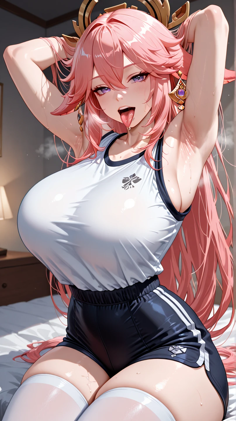masterpiece,Highest quality,Highly detailed face,(((1 slim sexy girl、1 handsome boy))), (((Shooting from below:1.4)))、((1boy and 1girl are having sex on mat)),((Cum there)),((Cowgirl:1.3))、(((girl on top:1.3)))、(((grabbing breasts from behind:1.4)))、((Long white hair))、(((Huge breasts、Large Breasts)))、Erect nipples、 ((Bring your arms up to your chest:1.4))、(((Removed gym clothes:1.4))),((straddling a man:1.5))、((Painful face))、Heart symbol、blush、excited、White Breath、(((Sex in the gymnasium warehouse)))、(Sweat:1.3)、Nervous