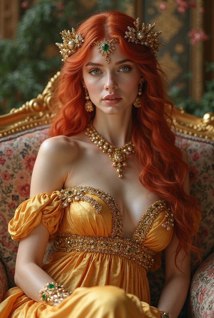 A photograph of a white woman, with curly and wavy light red hair , who wears many rings, has brown eyes, wears many bracelets, gold earrings, all gold, and wears a bandana as a blouse