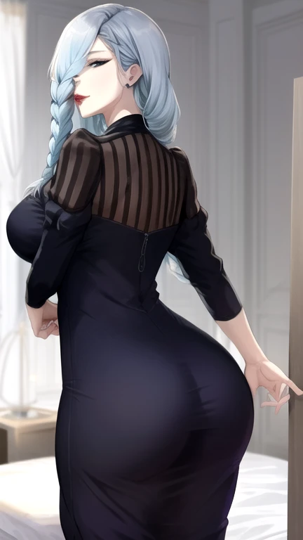 (best quality:1.3), (4k quality),(sharp image), Mei Mei, ((Detailed face)), ((masterpiece face)),((perfect detailed eyes)) (blush), MeiMei, white silver hair, white long braided hair, brown eyes, red lips, sly face, face with stern features, ((detailed face)), perfect face, highly detailed eyes, masterpiece, absurdres , (intricate details), (colorful),cinematic lighting,extremely detailed CG unity 8k wallpaper , 1girl, solo,mature female, looking at viewer, erected tits, long tight black dress, high heels, office, ((standing and showing her ass))((upskirt)), naughty smile, from behind