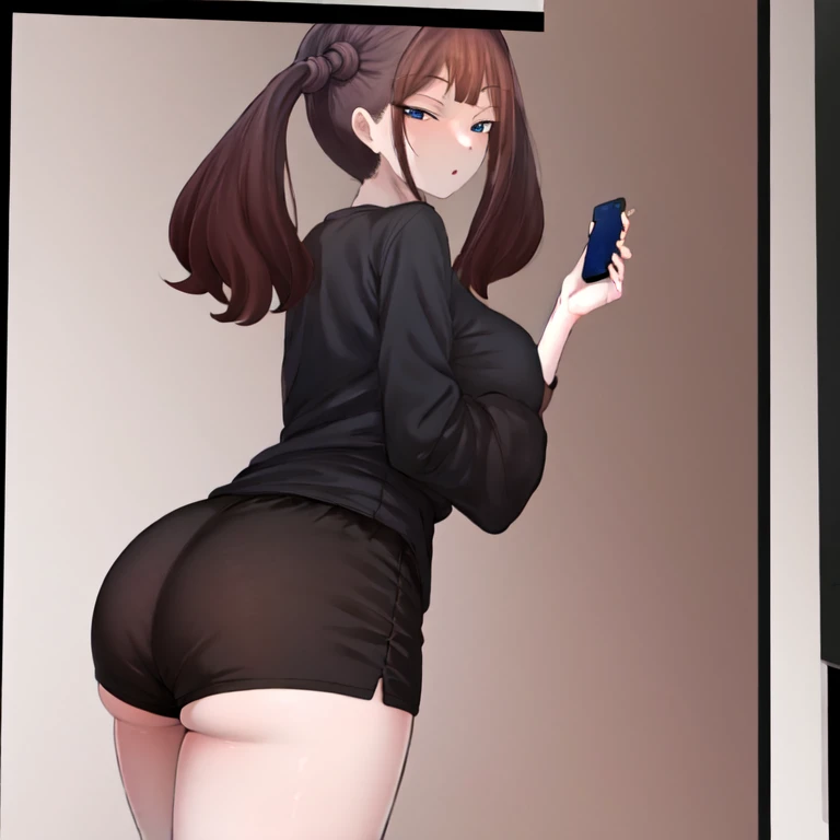 No panties、orgasm、Slut、Clothes、glory_wall、back、cum in pussy、Yuigahama、yuigahama、denim,yuigahamama, hair bun, mature female, (orange eyes:1.5), orange hair, short hair, single hair bun, hair between eyes, sidelocks,