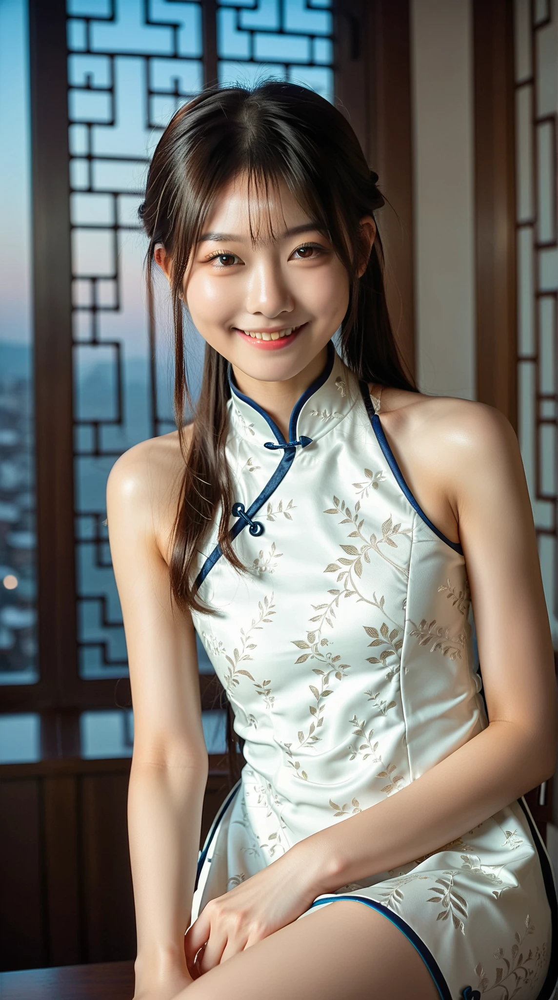 ​masterpiece、8K、32K、top-quality、(A cute Japanese woman)、detail portrayal、1 girl in、elegent、A sexy、(Cheongsam、chinese buns :1.2)、(a temple background)、cowboy  shot、ssmile、Angle from above