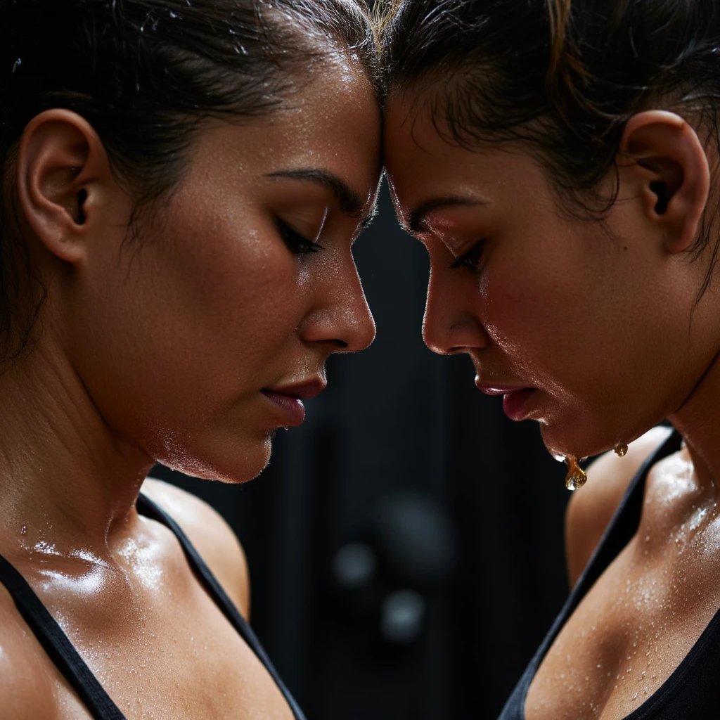 A woman wearing a sports bra. She has excessive sweat on her body. The same woman hugging her younger brother