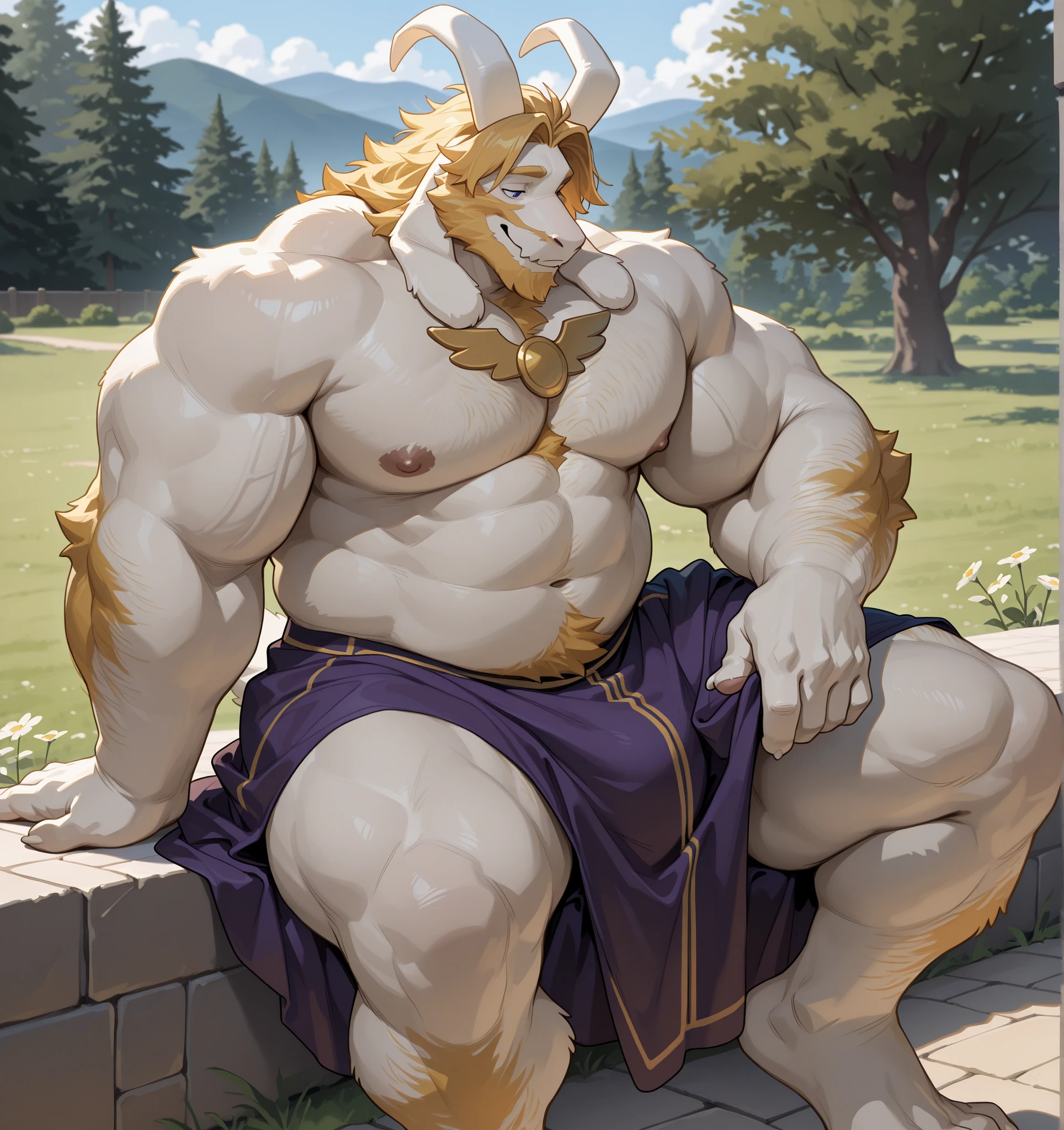 ultra-detailed, masterpiece, masterwork, high quality, best quality, hdr, (nature), posted on e621, (by Chunie ), nsfw, male, solo, (chibi), ((nude, micropneis, foreskin, perfect balls, pubic hair)), (white body minotaur), dragon, (chubby body), (long golden hair, yellow eyes, cross your arms), standing, front view, dynamic angle