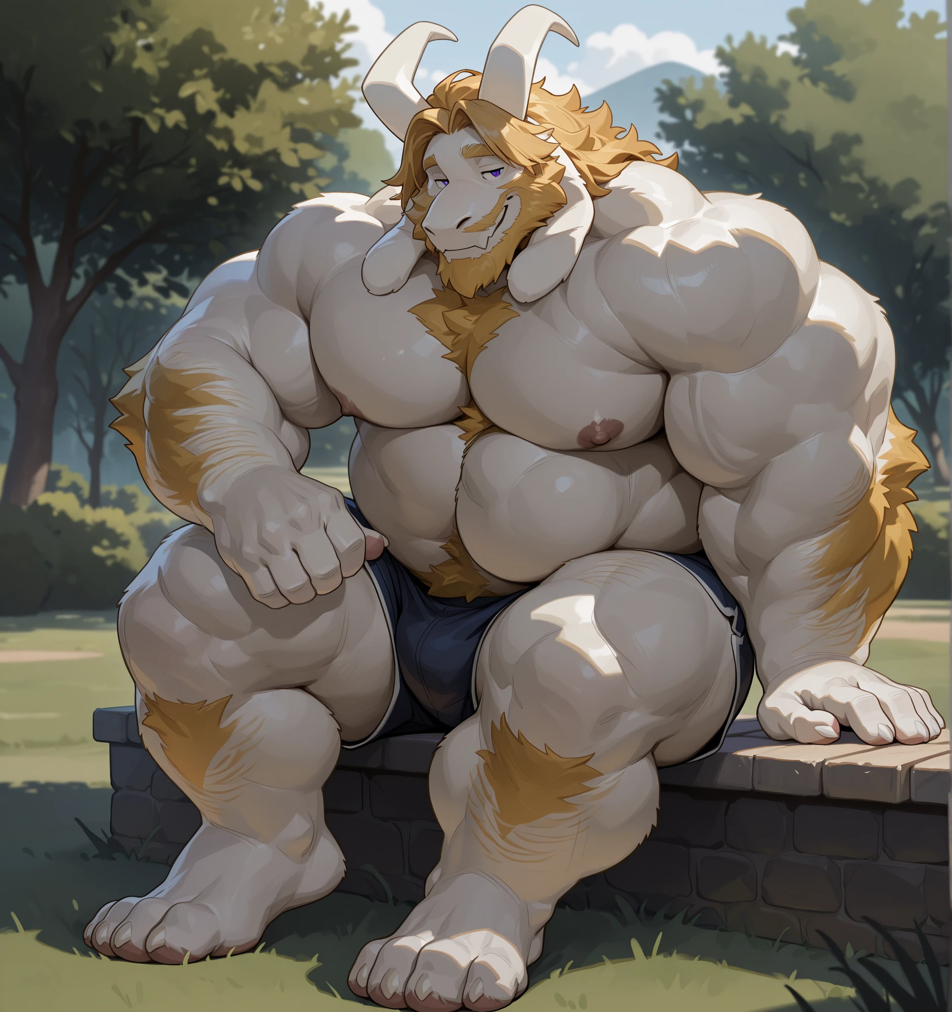 ultra-detailed, masterpiece, masterwork, high quality, best quality, hdr, (nature), posted on e621, (by darkgem), nsfw, male, solo, chibi, ((nude, foreskin, perfect balls)), (white body minotaur), hairy dragon, (white body), (long golden hair, yellow eyes), sitting, from below, dynamic angle
