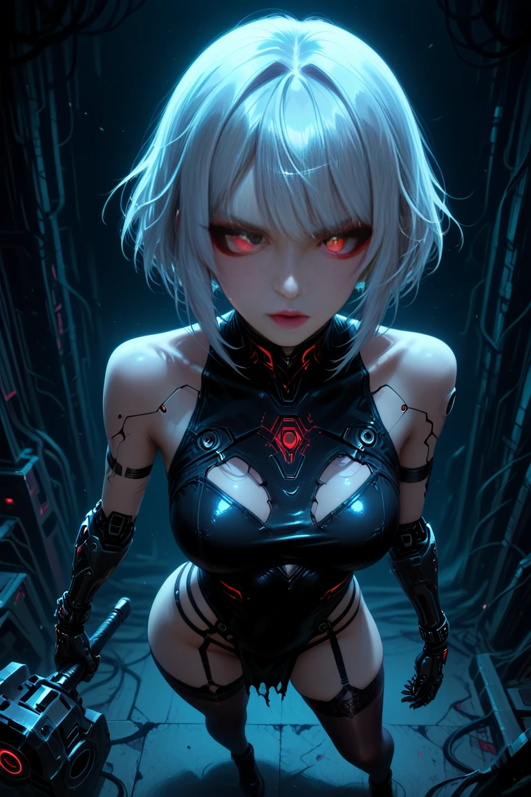 ((gloomy biopunk atmosphere)), (beautiful anime biopunk girl), (dark gray skin), lamp glowing eyes, very long brown hair, short clothing, steel dots in skin, cold lighting, (scorn videogame style), horror atmosphere, presence of something terrible, biopunk background, background by Hans Giger, perfect anatomy, masterpiece