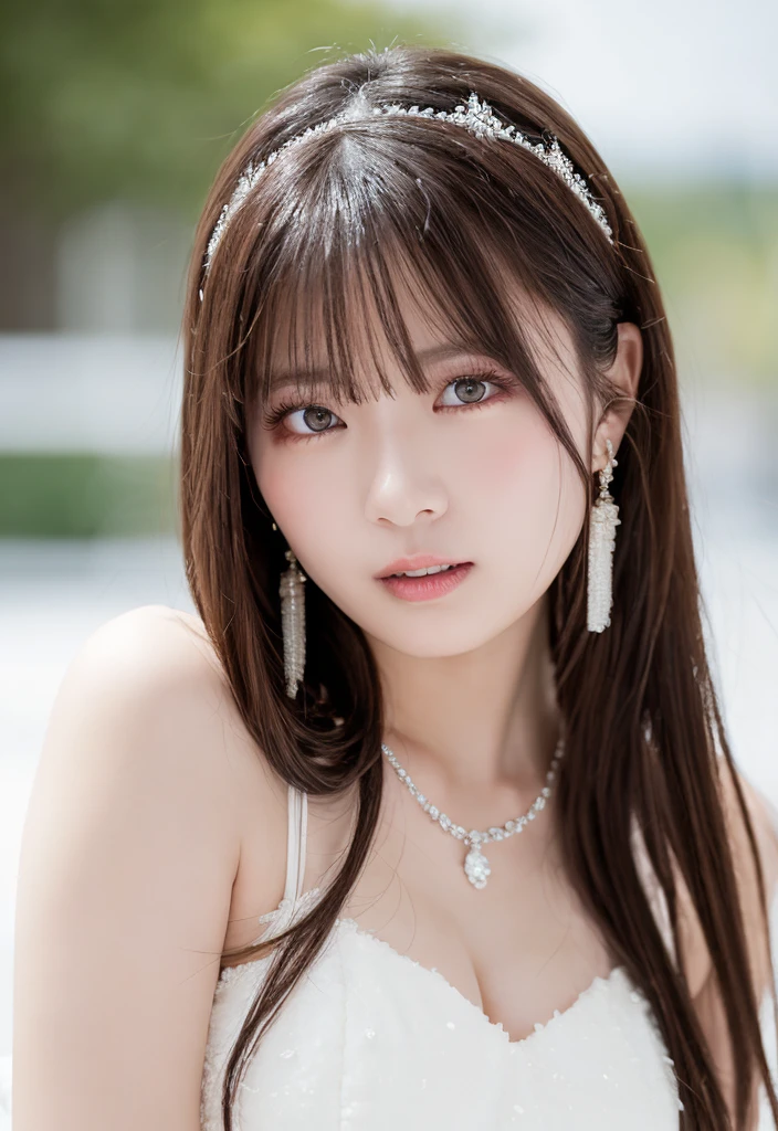 pureerosface_v1, top-quality, Photorealsitic, 8K, hight resolution, 2People Girls, femele, (Skindentation), (portlate:0.6), a gorgeous, dynamicposes, ((poolsidebackground:1.6)), coconut tree, ((Medium Size Round Breast, White blouse:1.4)), straight look at viewer:1.8, (1 Girl's eyes looking at the viewer, medium lenght hair, brown haired, Putted Bangs:1.65), (bokeh dof), (Keep your mouth shut:1.46),a necklace、 Twintail hairstyles,Blue eyes、