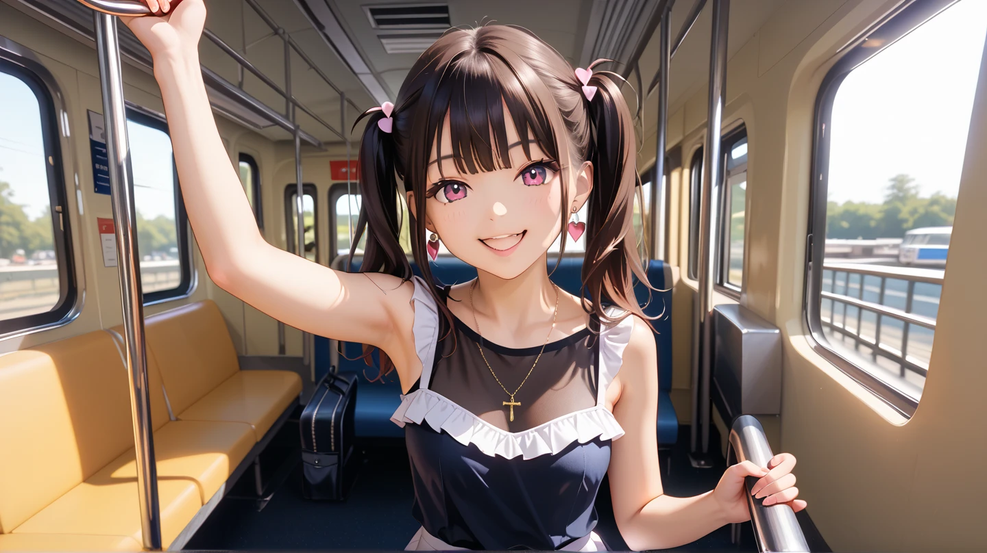 2girl, short ponytails,beautiful girl,15 years old,,highschool student,akb48,nogizaka46,nipple,(small breasts:1.3),(skinny:1.3),2girl,((multiple girls)), black hair, light smile,student bag,(carrying a backpack:1,0), bangs, , pov, standing, black eyes, mole, masterpiece, best quality, ultra quality, high quality, realistic, photo realistic, RAW photo, hyper detailed, intricate detailed, train station, train,upperbody,(fullnude:1.7),pussy,