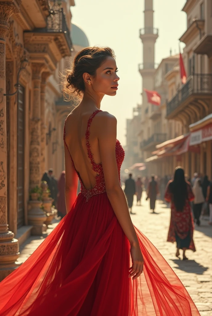 a beautiful woman in her 40s walking on a street in cairo, egypt, wearing a red dress, with authentic egyptian features, elegant, graceful, serene expression, ornate architecture in the background, natural lighting, cinematic composition, highly detailed, intricate patterns, photorealistic, masterpiece