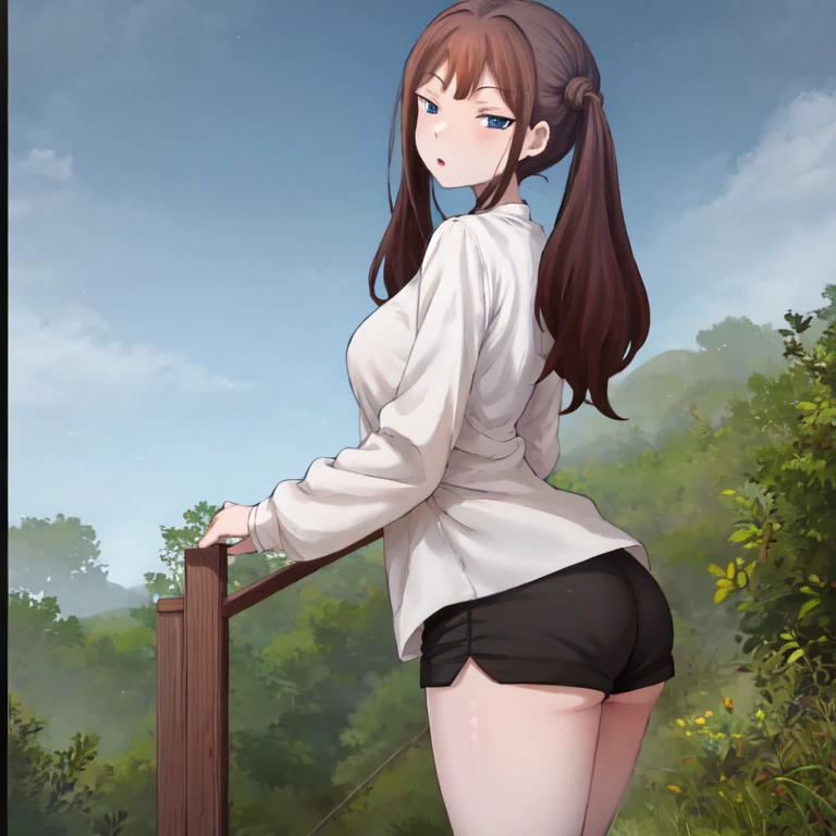 ((masterpiece, best quality)), (1girl),((mature female)), brown hair, halo, horn,bangs,middle breast,(busty),slim,smile, [wide hips], one leg lifted up slightly, a pole is being inserted into the girls butt, the girls ass is facing the camera, the girls back is arched, the girls vagina is exposed, the girls breasts are fully exposed, the girl is soaking wet,