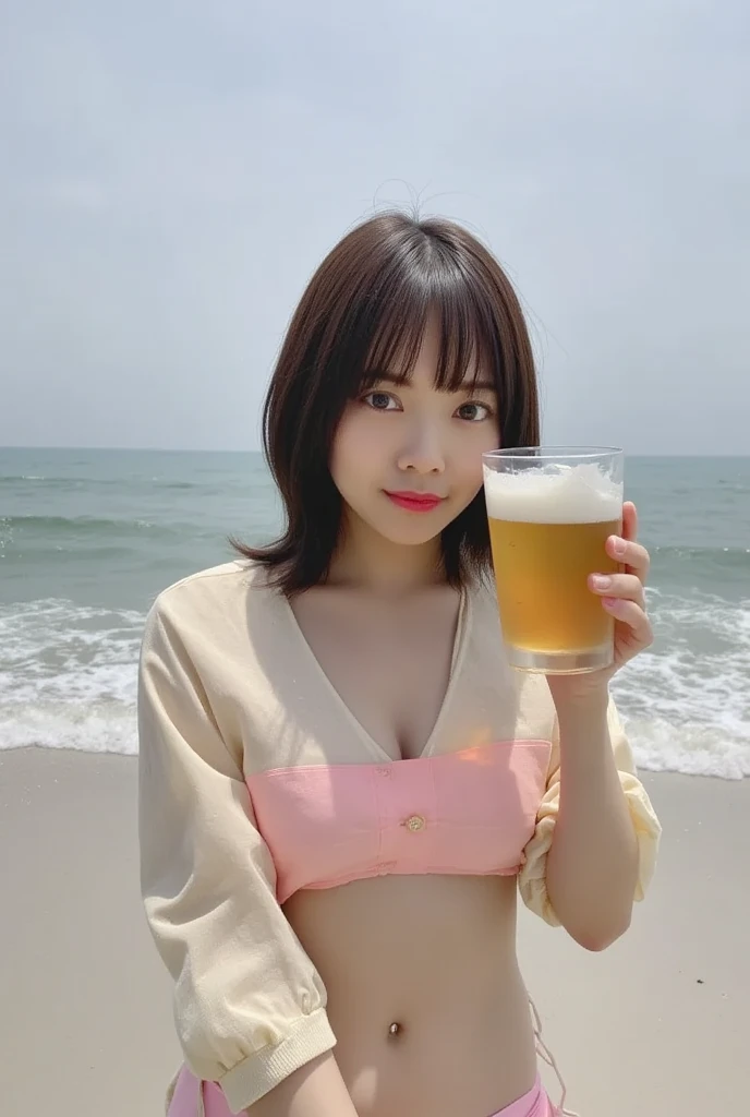 ((Photorealistic lighting, highest quality, 8k, masterpiece:1.3)), sharp focus:1.2, viewer discretion advised (New South Wales) (New South Wales) (New South Wales):1.2, ((realistic)), ((natural light, highest quality)), model-like figure:1.4, (dark brown hair, chest out:1.2), short hair, setting, backshot, (25 years old:1.3), highly detailed face, detailed eyes, double eyelids, necklace, wristband, eyeliner, colorful bikini, (large), (seaside, beach, sandy shore, drinking alcohol)