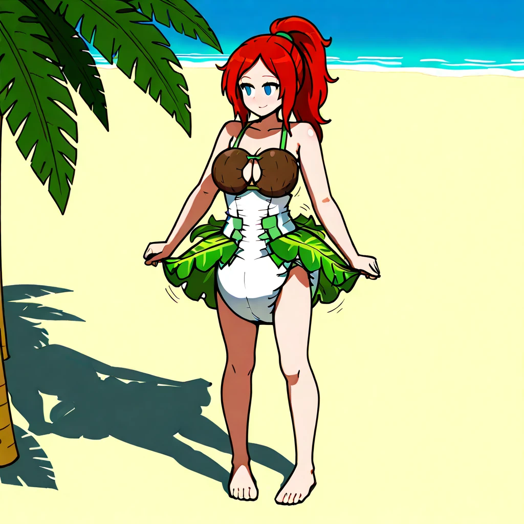 cartoon drawing of a woman in a bikini standing on a beach, clothing: bikini, Wearing a swimsuit, realistic bikini, Asuka as a surfer model, boutinela bikini, Asuka suit worn under clothes!, bikini + Tattered military equipment, Nami from One Piece, whole body:: Sunny weather::, bikini armor, in a bikini, whole body!